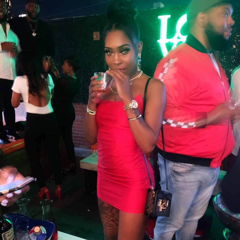 Red invisible strap mini dress
